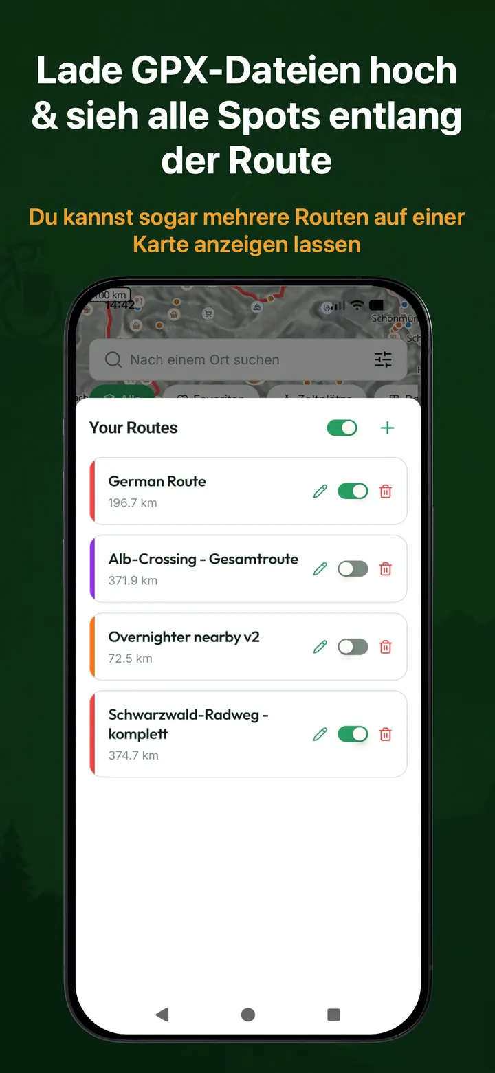 Lade GPX-Dateien hoch und sieh alle Spots entlang der Route – BikeTouri