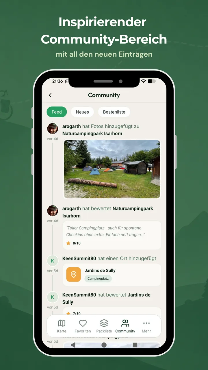 Inspirierender Community-Bereich mit all den neuen Einträgen – BikeTouri